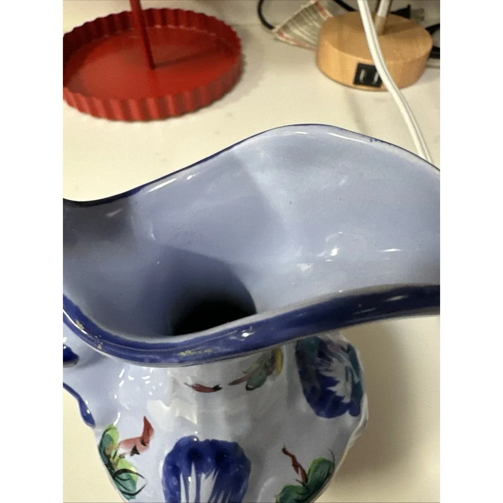PORTUGAL Vintage Vase‎ Pitcher Blue & Floral Hand Painted and Numbered 7.5inch
